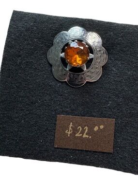 Silver Flower Pin with Amber Gem